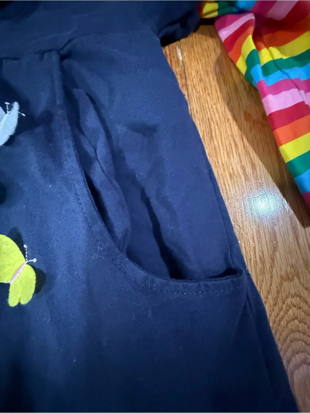 Navy Butterfly Pocket Dress with Rainbow Sleeves - Kids